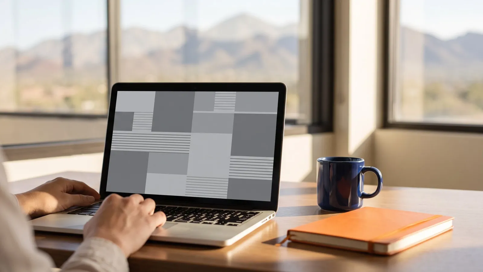 Laptop on a desk in a sunny Arizona office with a navy mug and an orange notebook, desert mountains outside the window