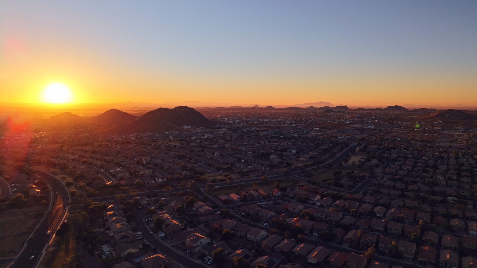 Aerial view over Queen Creek and San Tan Valley at sunrise